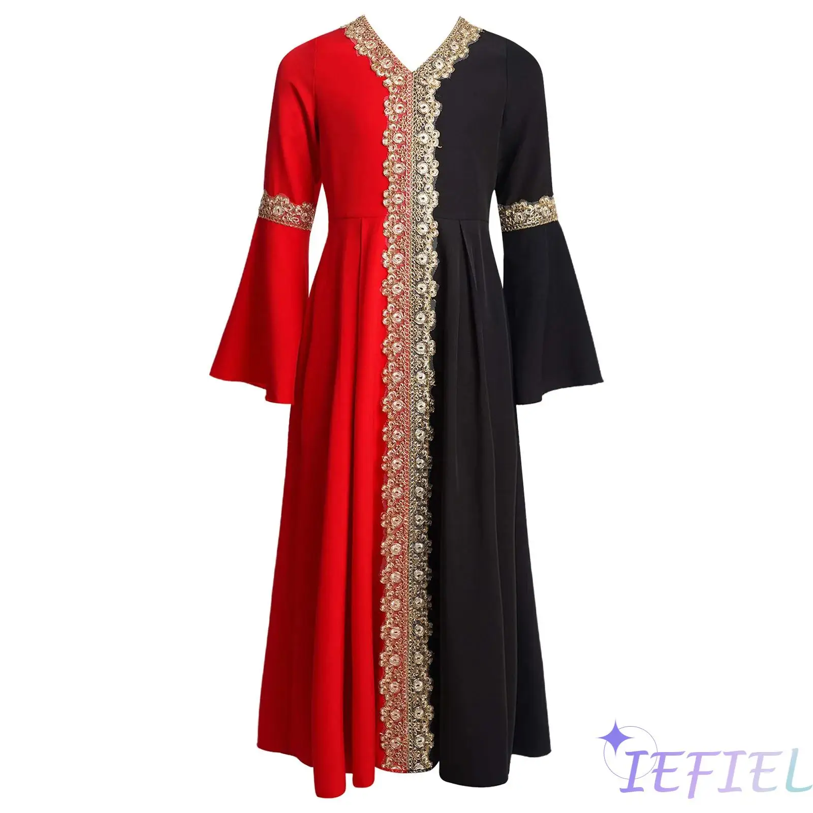 

Kids Girls Color Block Abaya V-neck Long Flared Sleeve Pleated Vibrant Islamic Dress for Theme Party Holiday Wedding Party