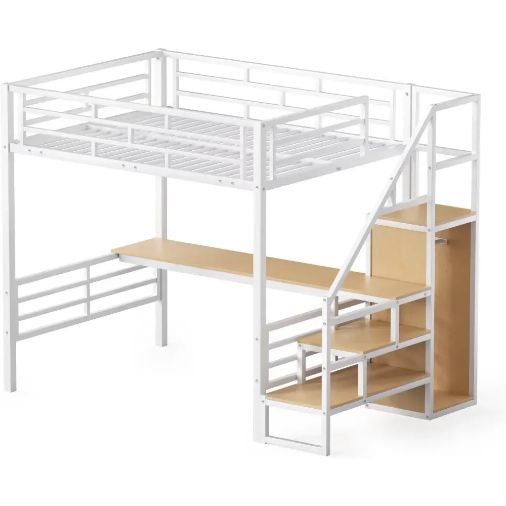 Full Size Loft Bed, Desk & Storage Stairs, Versatile High Loft Bed, No Box Spring Needed, Metal Loft Bed Frame Kids Bed