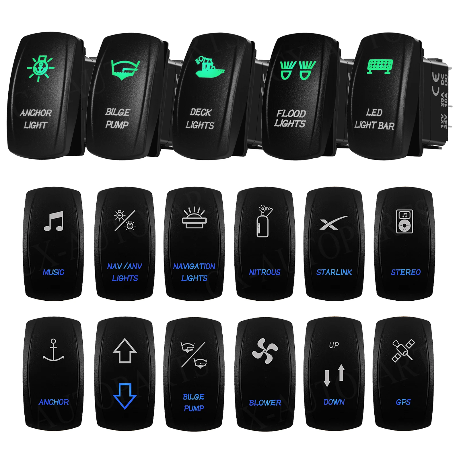 12V 24V Marine Boat Switch 3 Pin SPST ON-OFF Rocker Switch Green Blue Led Light Waterproof Motorboat Yacht Toggle Rocker Switch