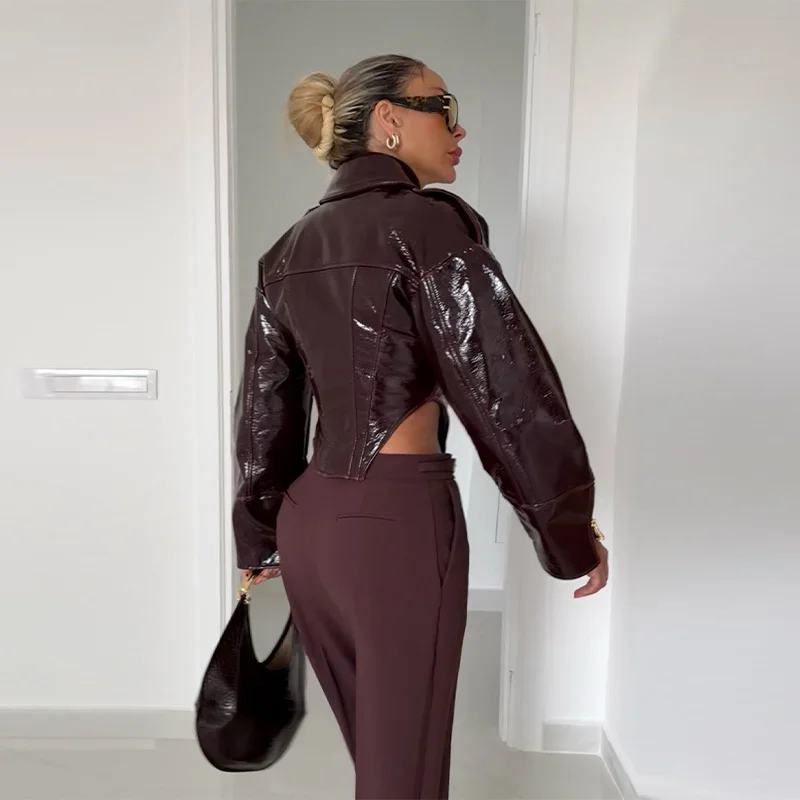 Vintage Damen-Lederjacke mit Umlegekragen, Composite-Design, Taillierter Schnitt, 2026 Neuer Herbst-Trend für Streetwear und Pendler
