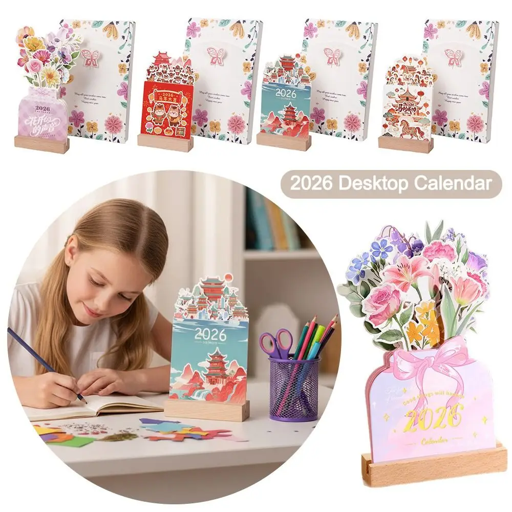 

Wooden Base 2026 Desktop Calendar Vase Shaped Floral Theme Bloomy Flowers Desk Calendar DIY Date Display Standing Calendar