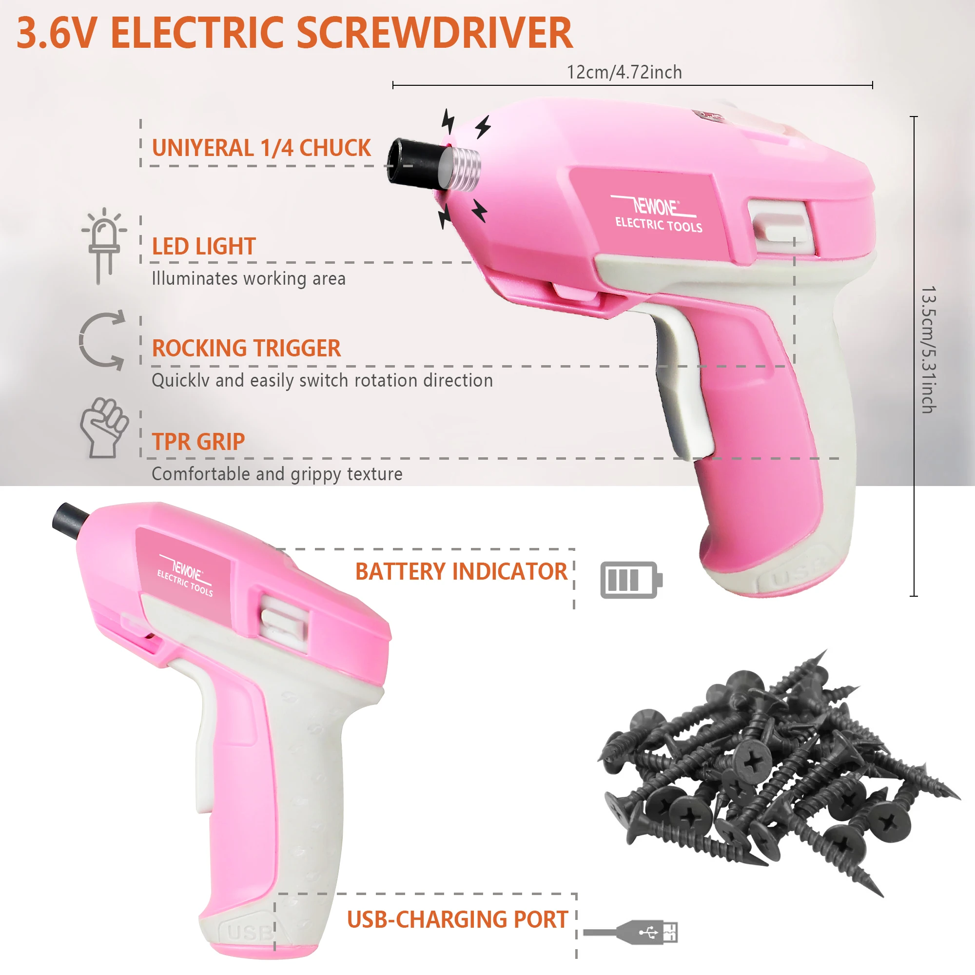 1pc 3.6V Cordless Drill Electric Screwdriver Pink Tool Set Mini Battery Operated Screwdriver Set USB Charging Cable