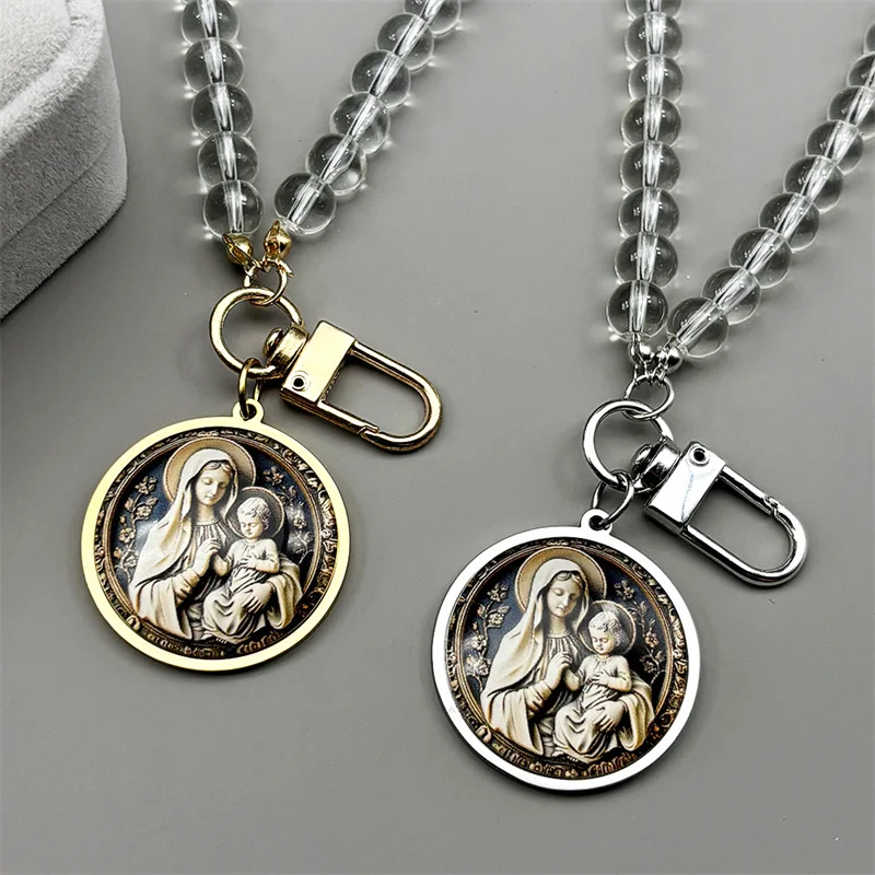 

Virgin Mary Hold Baby Jesus Glass Round Medal Car Pendant for Women Men Stainless Steel Gold Color Catholic Amulet Chain Jewelry