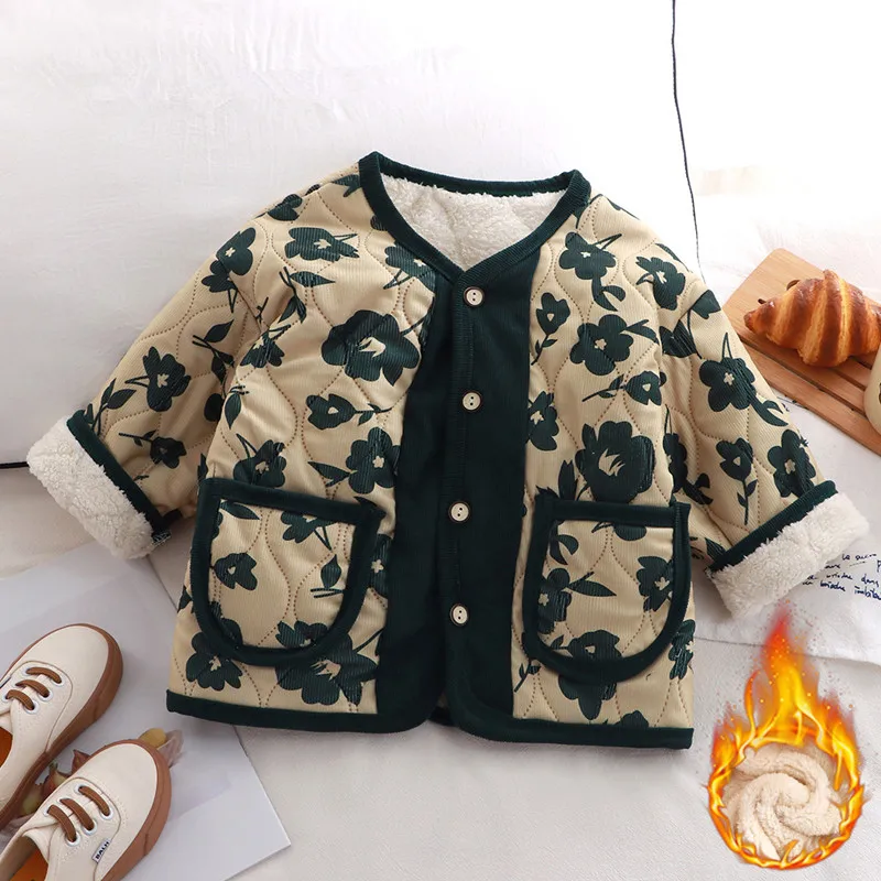 Girls Cotton Padded Jacket Winter Fleece-lined Coat Corduroy Floral Clothes Baby Long-sleeve Thick Brushed Tops Outerwear 1-15T