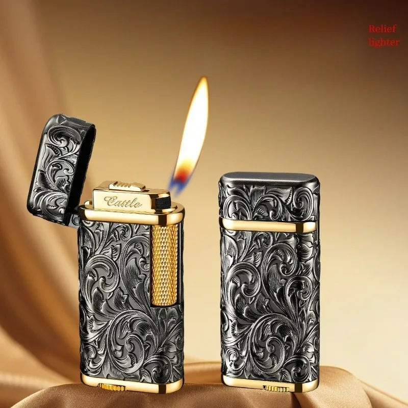 New Metal Square Relief Butane Lighter with Side Wheel Ignition Creative Diagonal High-end Tube Lighter for Men As A Gift