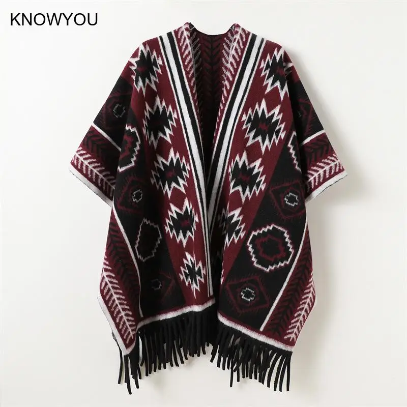 Women Men Wraps Warm Scarf Printed Fringe Two Wear National Wind Warm Shawl Mitation Cashmere Muffler Male Poncho Jacket view 3