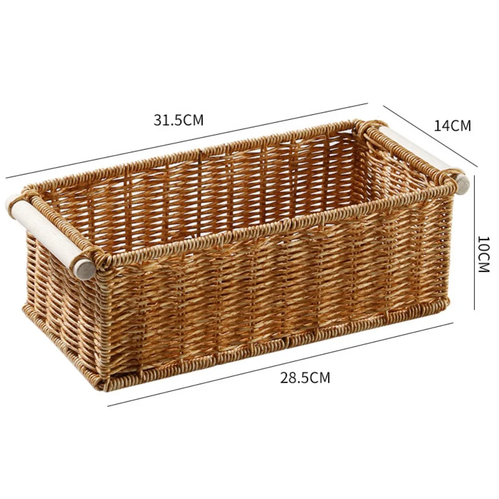 

Creative Brown Storage Basket Wood Handle Woven Pattern Desktop Organization Box Rectangle Organizing Baskets Bathroom Storage