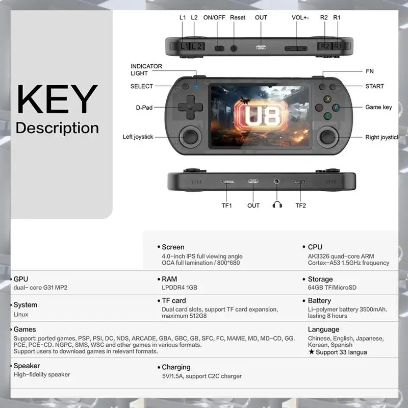 

Hot Selling-New U8 Retro Palm Game Console Open Source Linux System Game Console 4.0-Inch PS Palm Phone 128GB,New U8 Retro Palm