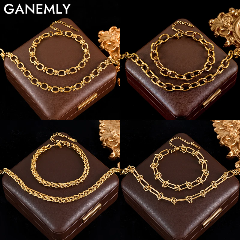 

GANEMLY 316L Stainless Steel Metal Gold Color Chain Necklace Bracelet For Women Trendy Waterproof Jewelry Set Lady Holiday Gift