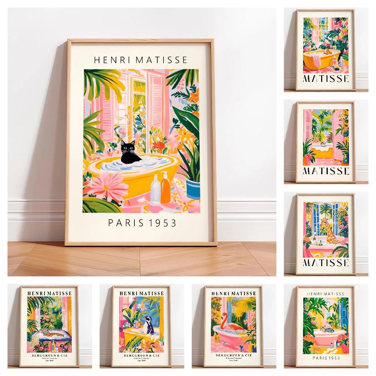 Matisse Style Series Animal Bathing Canvas Wall Art Poster, Unframed Modern Black Cat Bath Canvas Prints for Bathroom Decortions
