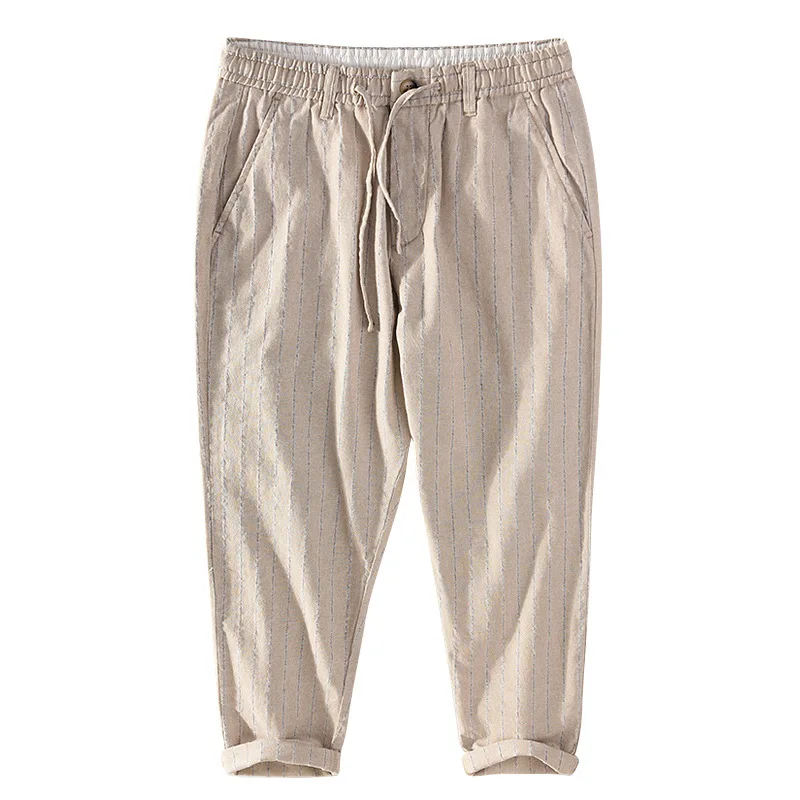 

Summer New Men's Striped Wide Leg Casual Pants, Men's Harun Cotton and Linen Elastic Waist, Chinese Style Cropped Pants