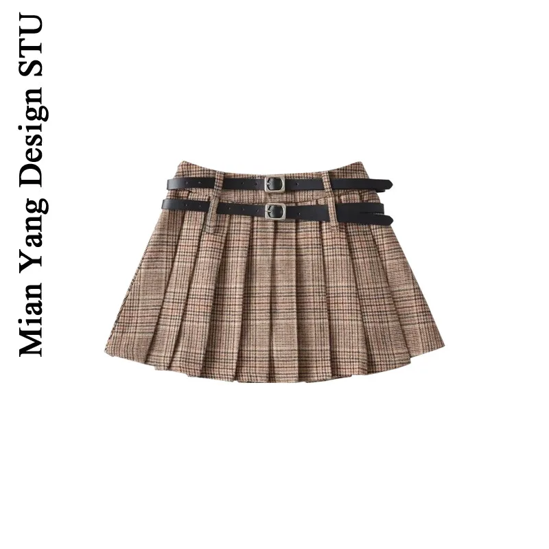 

Briti Sle A-Line Skirt Double Waist Pleated Design Retro Plaid Pattern Anti-Light High Waist Skirt for Young Women