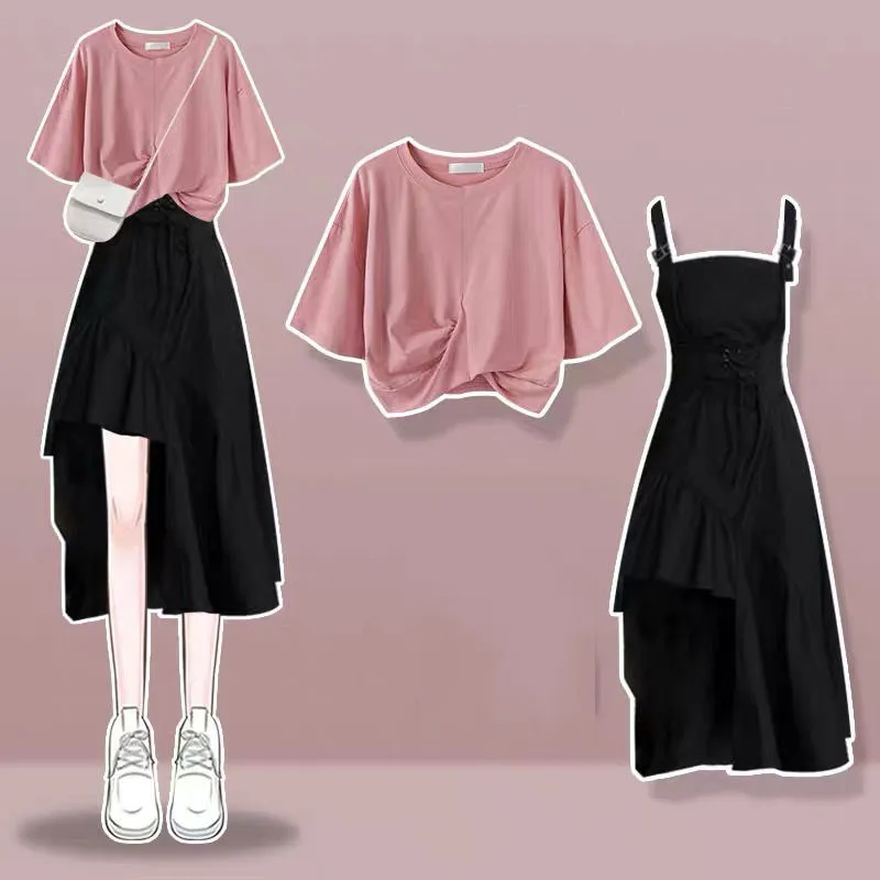 2024 Spring/Summer Korean Edition New Slim Fit Strap Skirt Design Fashion Two Piece Set Gentle Pink Short Sleeves