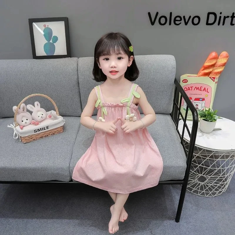 

Flower Embellished Girls Nightdress Summer Thin Children's Suspender Nightdress Medium length Sleeveless Suspender Nightdress