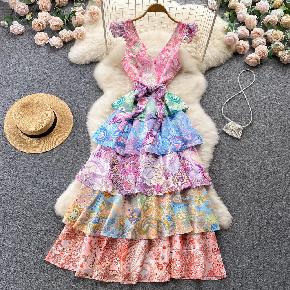 

Summer Bohemian Cascading Ruffles Long Cake Dress Women's Sleeveless Fly V Neck Backless Flower Print Lace Up Party Vestidos