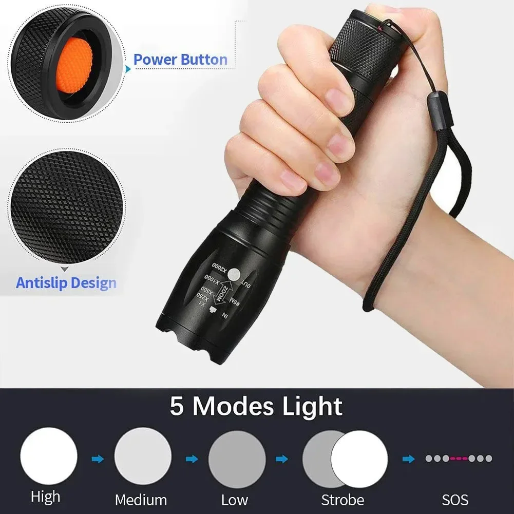 T6 Portable LED Mini Flashlights 18650 Battery 5 Modes Zoom Flash Light Aluminum Alloys Waterproof Material for Camping Torch