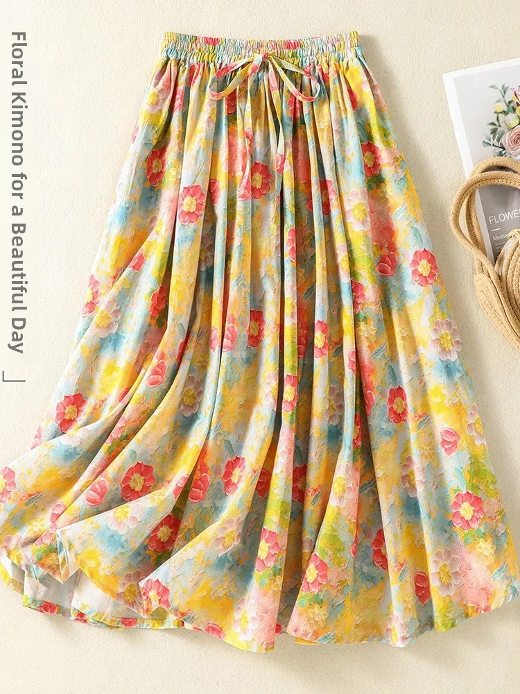 

Retro Oil Painting Style Floral Half Skirt Women's Summer Vacation Atmosphere Elastic Waist Slimming Drapey A-Line Umbrella S...