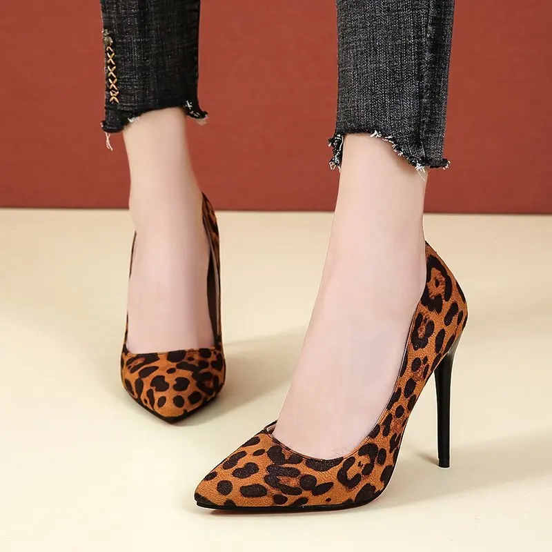 Red Rubber Bottom High Heels Shoes Women Pumps Flock Leopard Print Sexy Stilettos Party Heeled Designer Shoes Plus Big Size  44