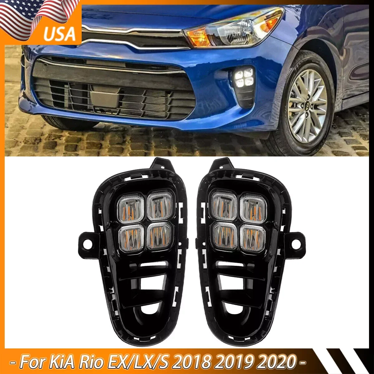 

Пара автомобильных противотуманных фар для Kia Rio EX/LX/S 2018 2019 2020 4-глазый светодиодный передний противотуманный фонарь DRL, сигнальная лампа в сборе, автомобильные аксессуары