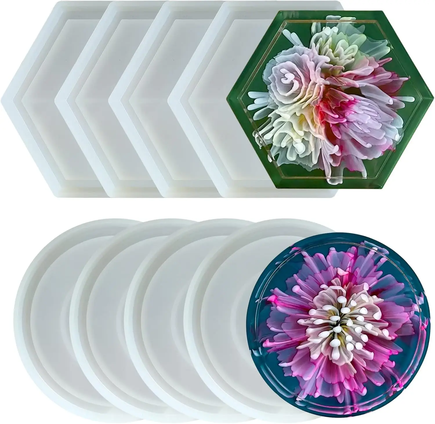

8 Pcs Coaster Resin Molds - Durable Silicone Coaster Molds for Epoxy Resin, Round Hexagon Resin Tray Mold for DIY Trinket Tray,