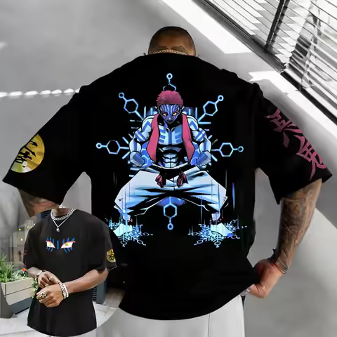 Oversized Cosplay Costumes Demon Slayer Akaza 2026 Summer Harajuku Anime Printed Y2K Hip Hop Casual Cotton T-shirt