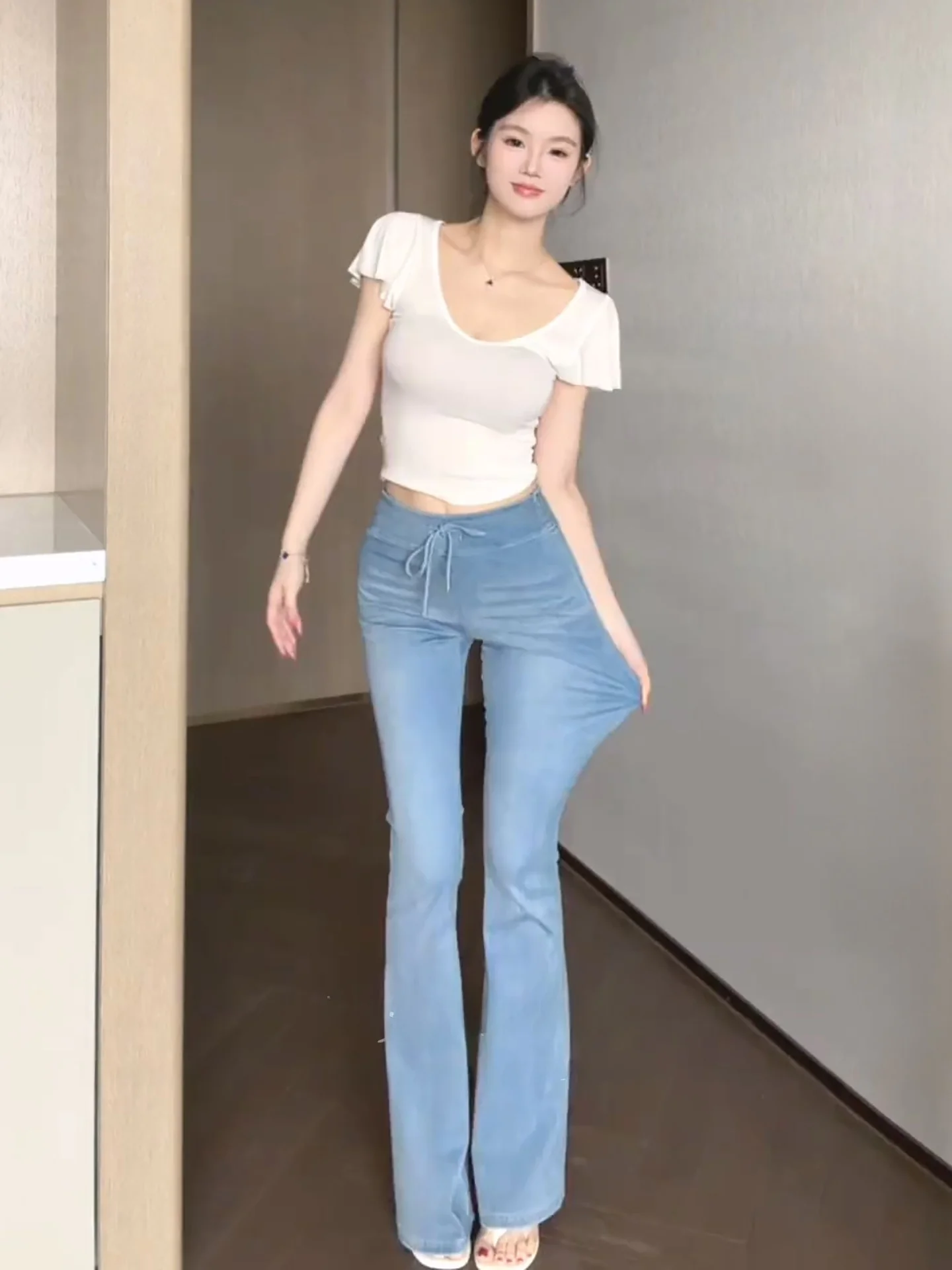 

Elastic High Waist Wide Leg Jeans Women's Drawstring Slimming Thin Casual Long Pants Resistant to Deformation Summer Jeans