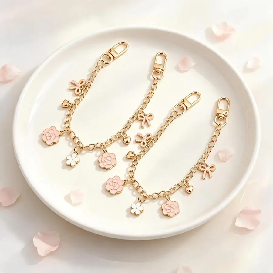 1/5/10/20/50/100pcs 1 pc/2 pcs Chain Bag Charm with Sweet Pink Heart Bow, Decorative Gold Bag Strap Extender, Cute Floral Charm