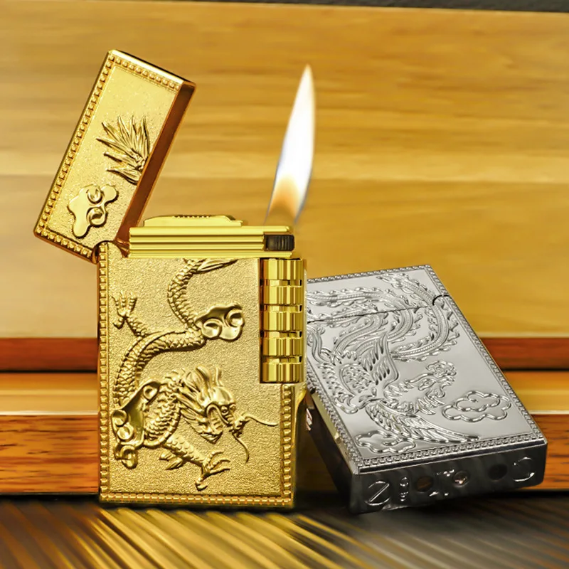 Dragon Phoenix Pattern Side Grinding Wheel Lighter Oblique Fire Pipe Lighter Refilled Inflatable Lighter Cool Gadgets for Men