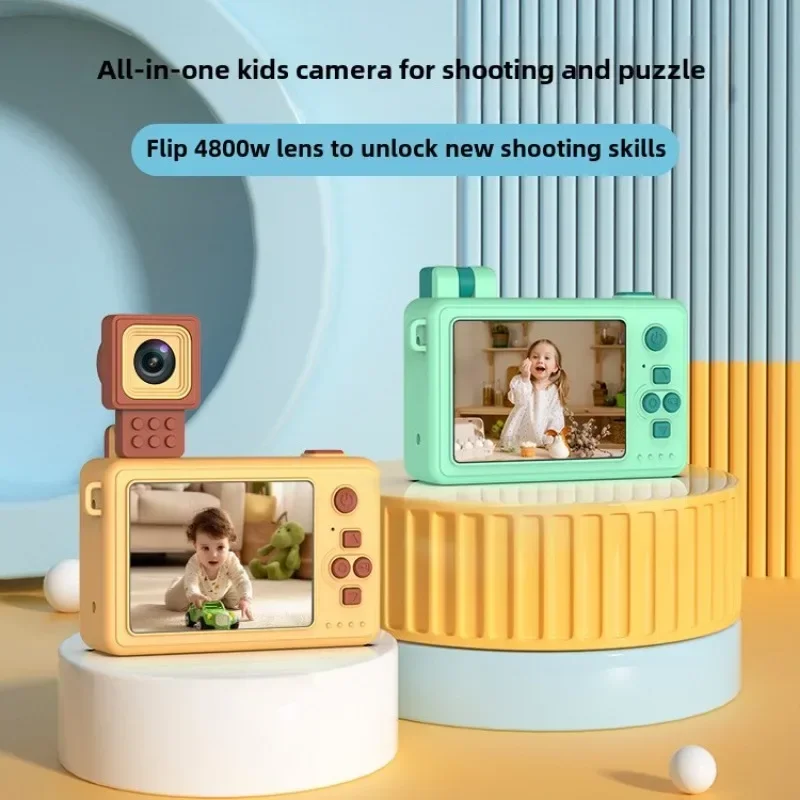 M1 crianças bloco de construção câmera 48mp hd flip lente com suporte, haste brinquedo educativo presente para idades 3-14 fotografia digital starter