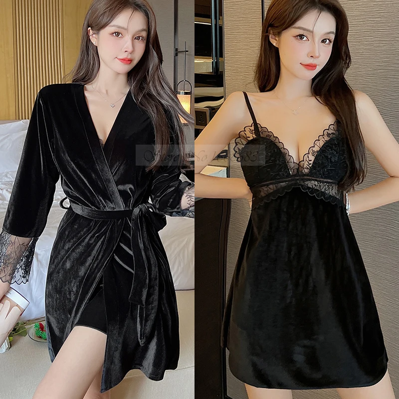 Sexy veludo de casamento de noite & robe conjunto outono inverno veludo quimono roupão de banho suspender camisola terno casual feminino laço casa vestido