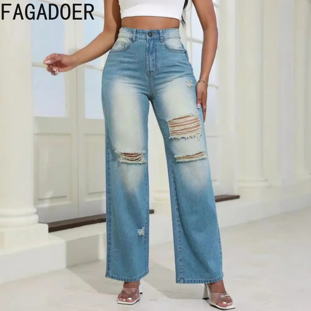 

FAGADOER Autumn New Retro Hole Straight Jeans Pants Women High Waisted Button Pocket Loose Denim Trousers Female Cowboy Bottoms