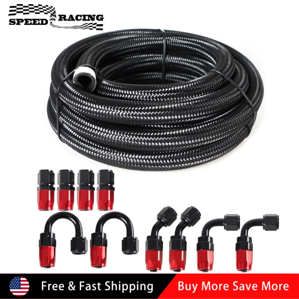 

20ft Stainless Steel Braided AN6 AN8 AN10 CPE Fuel Oil Hose Line & Fittings Kit Black