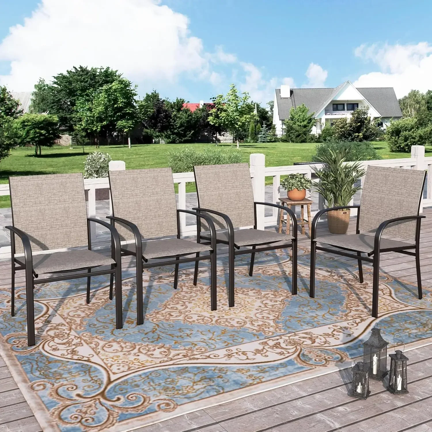 Patio Dining Chairs Set Four 36 Inch Textilene Fabric Outdoor Seats Wrought Iron Frame Support 350lbs Garden Lawn Backyard Deck