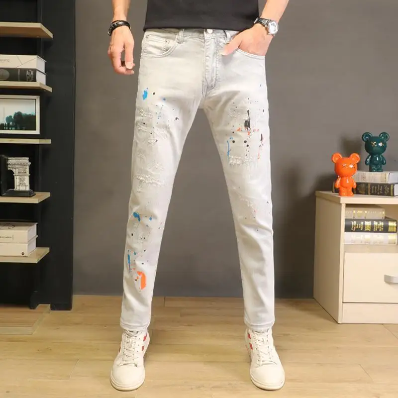 Luxury Jeans for Man Original Autumn White Ripped Jeans Thin Slim-fit Small Feet Paint Point Decoration High Street Men's Pants