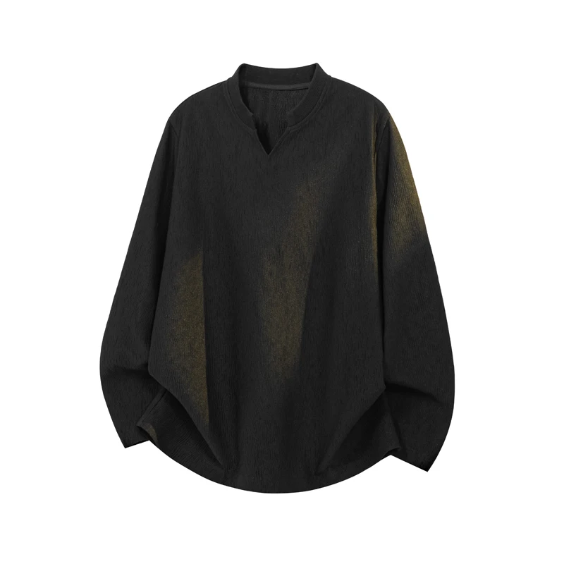 

Футболка в американском стиле с V-образным вырезом, длинными рукавами и узором «рыбья кость», свободного кроя, однотонная, универсальная