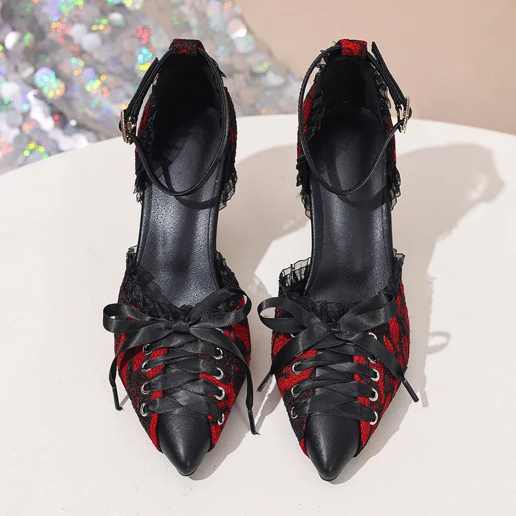 

Женские босоножки на высоком каблуке, сексуальные, с кружевом, заостренным носком, на шнуровке, с пряжкой, на шпильке, для танцев и вечеринок