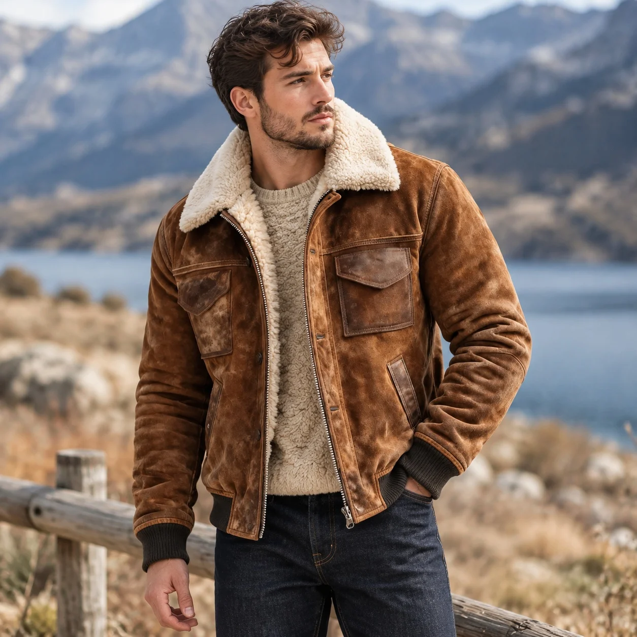 Pocket Loose Fit Coat Mid Length Retro with Flap Welt Pockets Multiple Pockets Long Sleeves Patchwork Mid Long Length Men Jacket