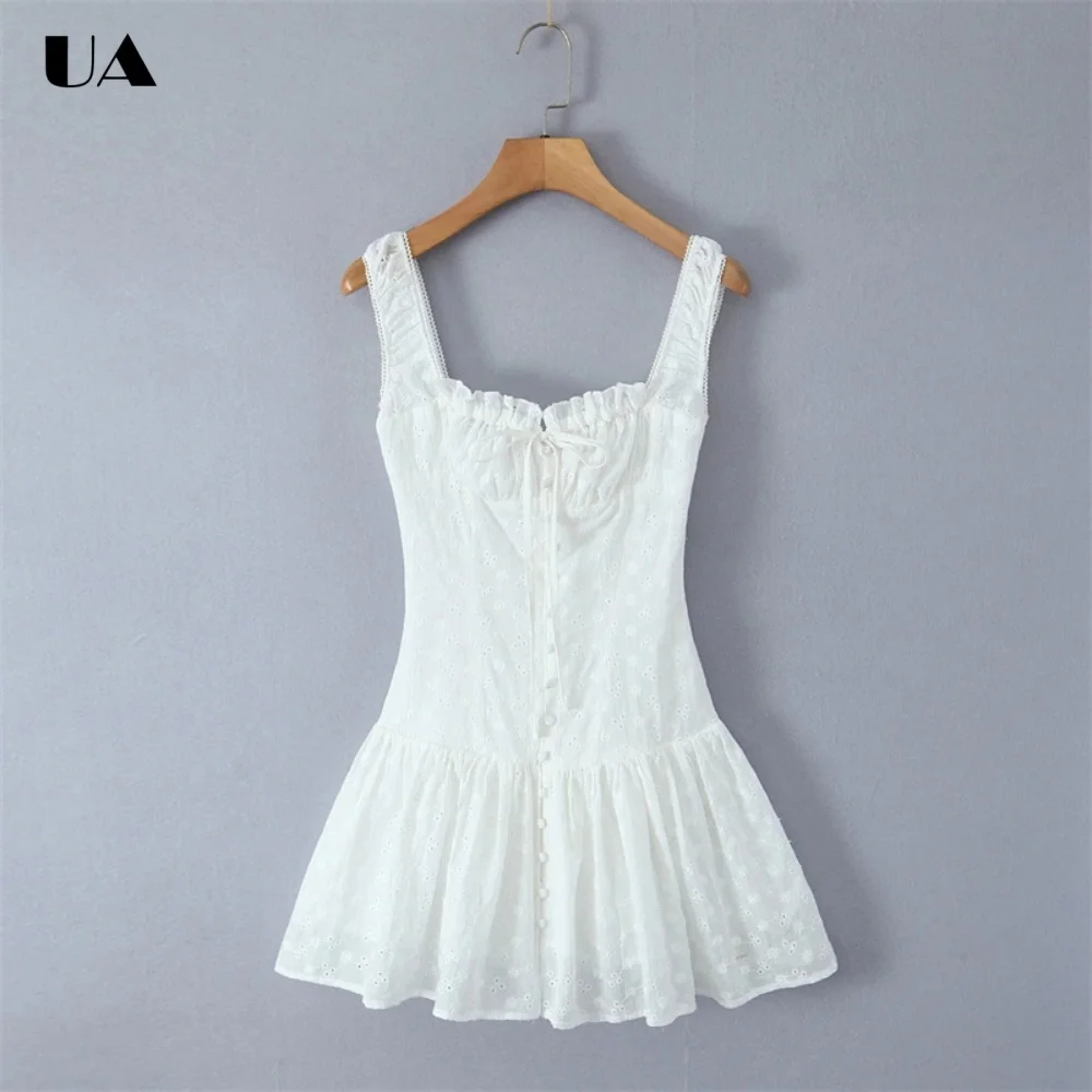 

Sweet Hollow Out Sleeveless Bow Ruffled Mini Dress Trendy Fit-and-flare Button Short Dress for Woman Vacation Style Ruched Dress