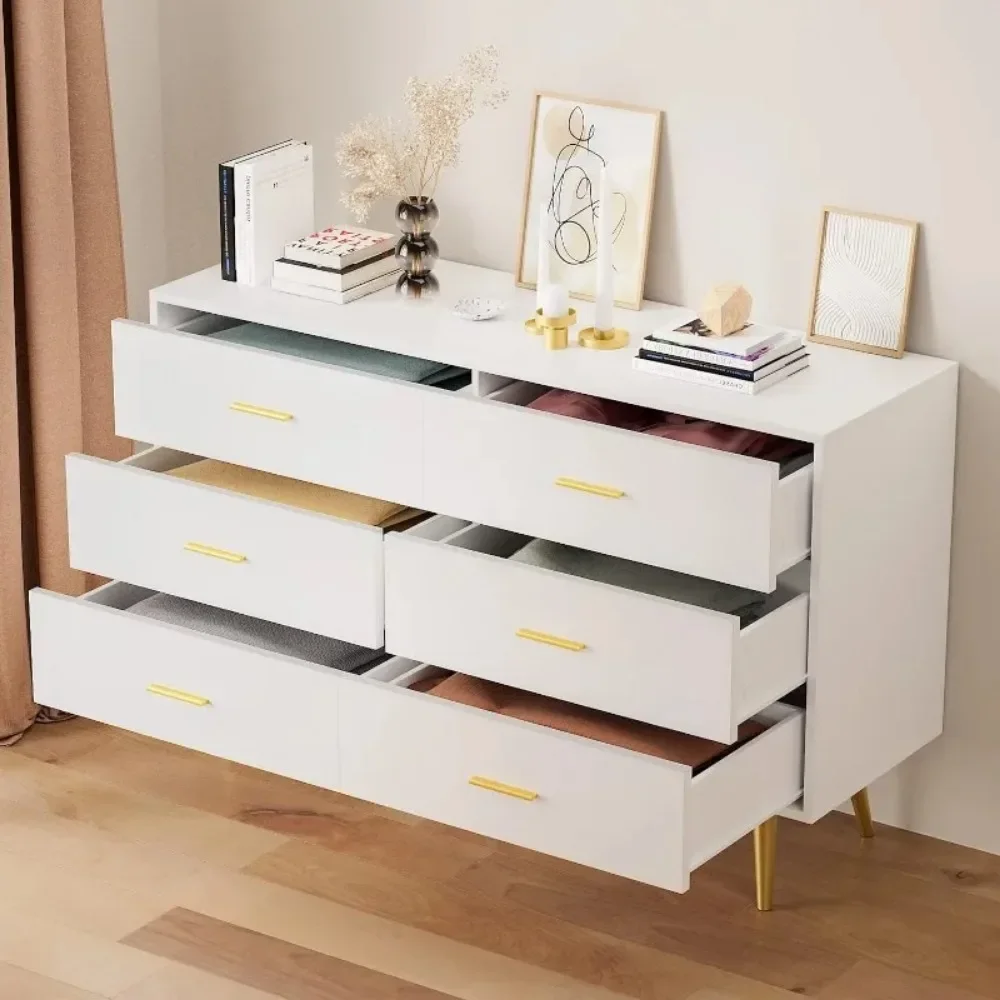 6 Drawer Dresser for Bedroom, Wooden White Double Dresser with Gold Handles, Modern Chest Dresser with Deep Drawers