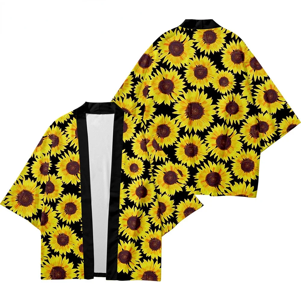 Summer Daisy Print Kimono Men Women Fashion Streetwear Hawaiian Shirt Beach Cardigan Loose Bathrobes Yukata Japanese Haori