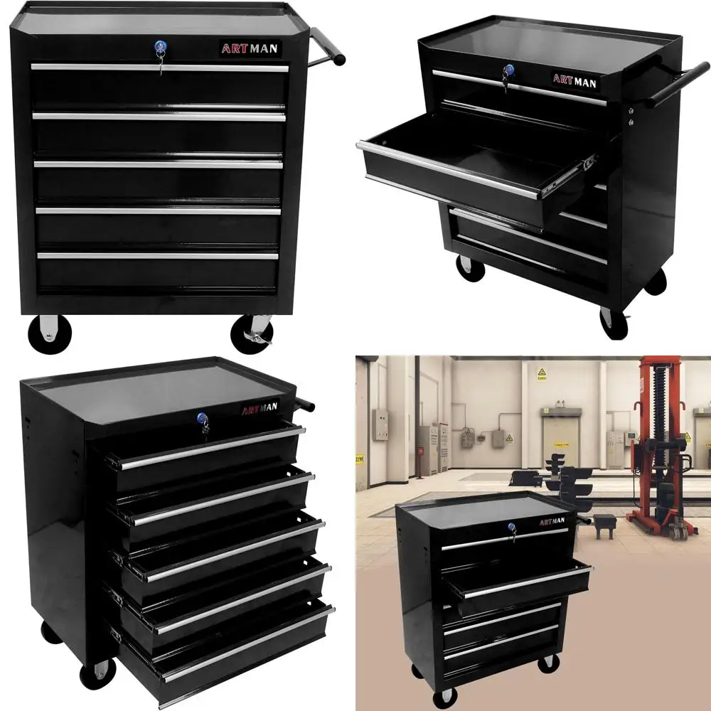 

Мобильная тележка для инструментов с 5 ящиками и колесами, черная, высота 29,3, сундук для хранения для мастерской, гаража и ремонта