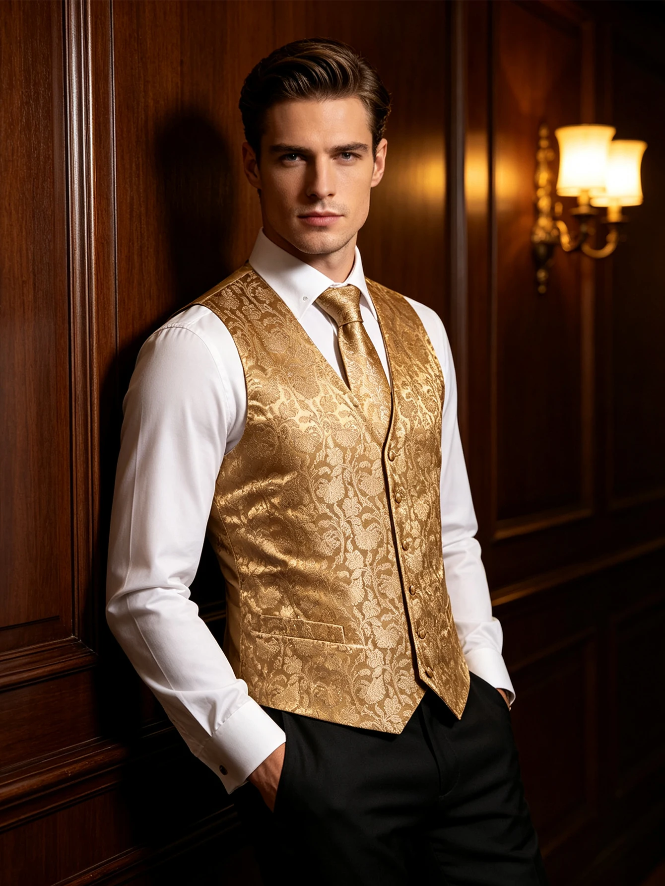 Pale Gold Floral Pattern Vest Accessory Set Tie Pocket Square Cufflinks For Spring Formal Gentleman Banquet