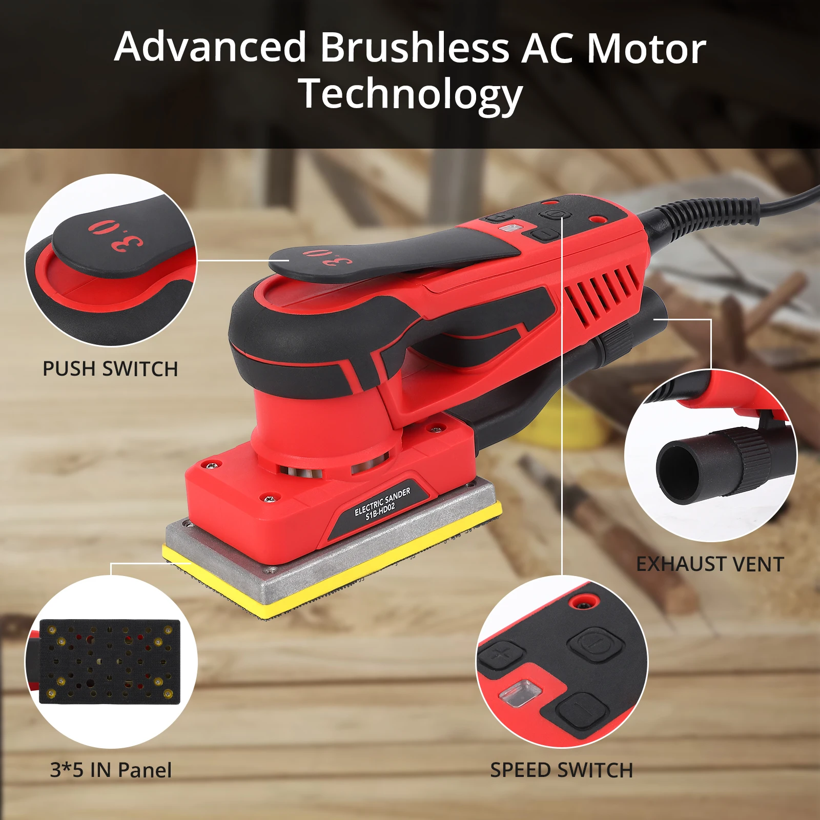 ماكينة صنفرة تشطيب بمحرك بدون فرشاة بقدرة 350 وات، اهتزاز قوي ومنخفض 10000 دورة في الدقيقة مع 12 ورق صنفرة لأعمال الخشب والتلميع