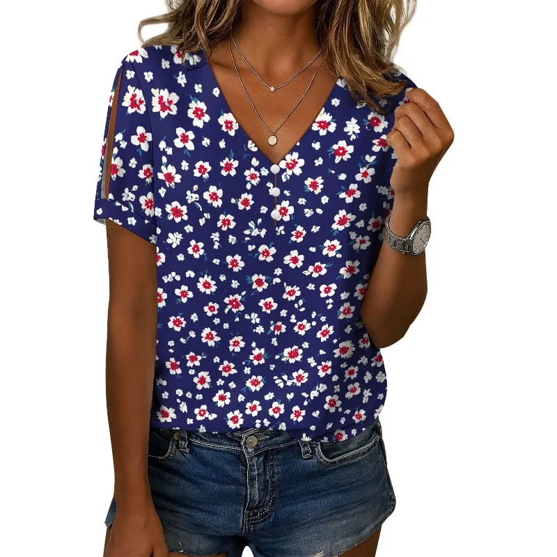 

Women's Casual Print Micro-Stretch V-Neck Dental Women's Fashion Short Sleeve Top Summer Fall Wear Bohemian Linen Shirt T-Shirt