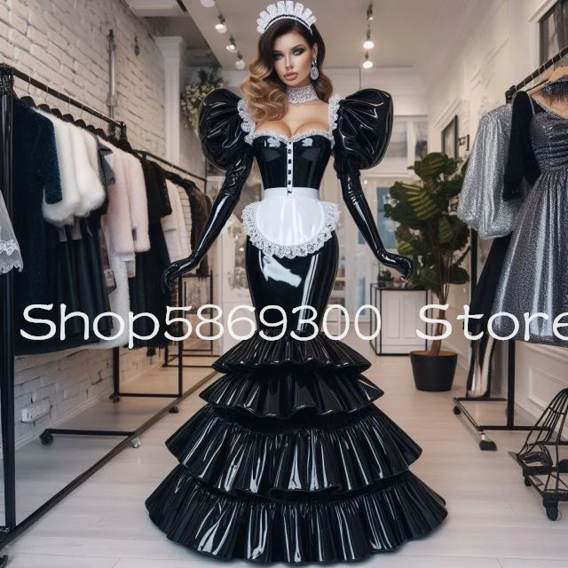 Shiny Black Mermaid Victorian Prom Dresses Puffy Long Sleeve Apron Tiered Skirt Corset Top Cosplay Evening Gown Customsized