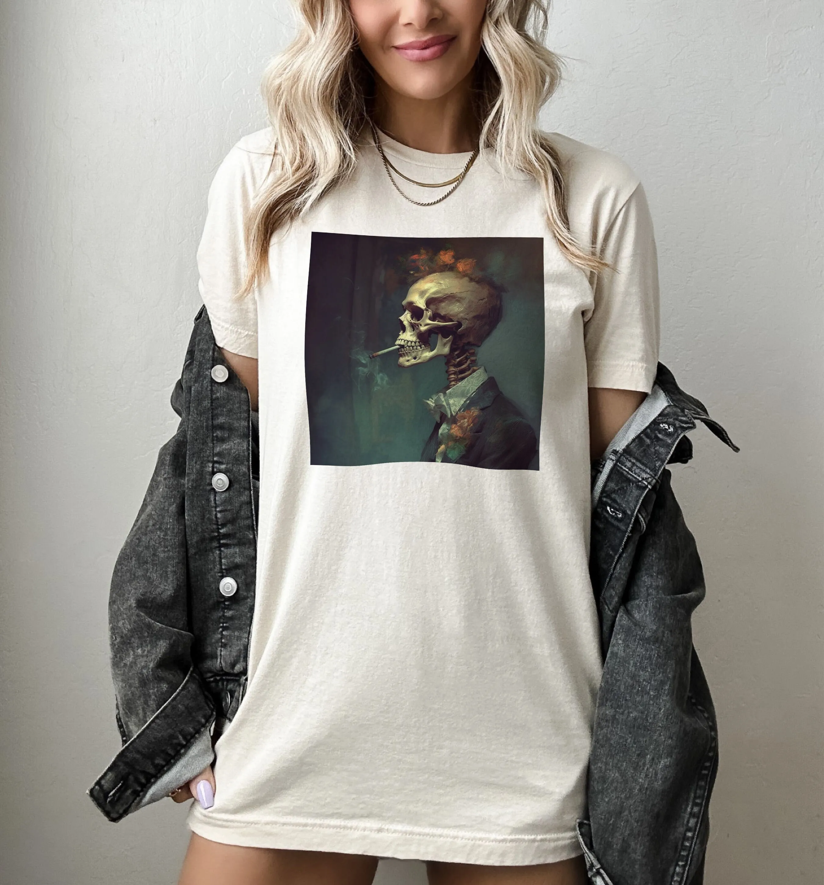 Smoking Skull T Shirt Renaissance Oil Painting Style Top Vintage Skeleton Edgy Goblincore Goth Skelington