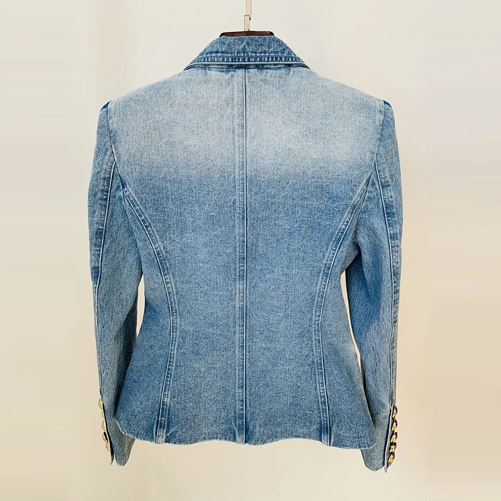 S-5xl Plus Size Women Jacket Double Breast Slim Short Denim Jacket Streetwear Work Office Water Wash Jean Blazer Outwear Blue