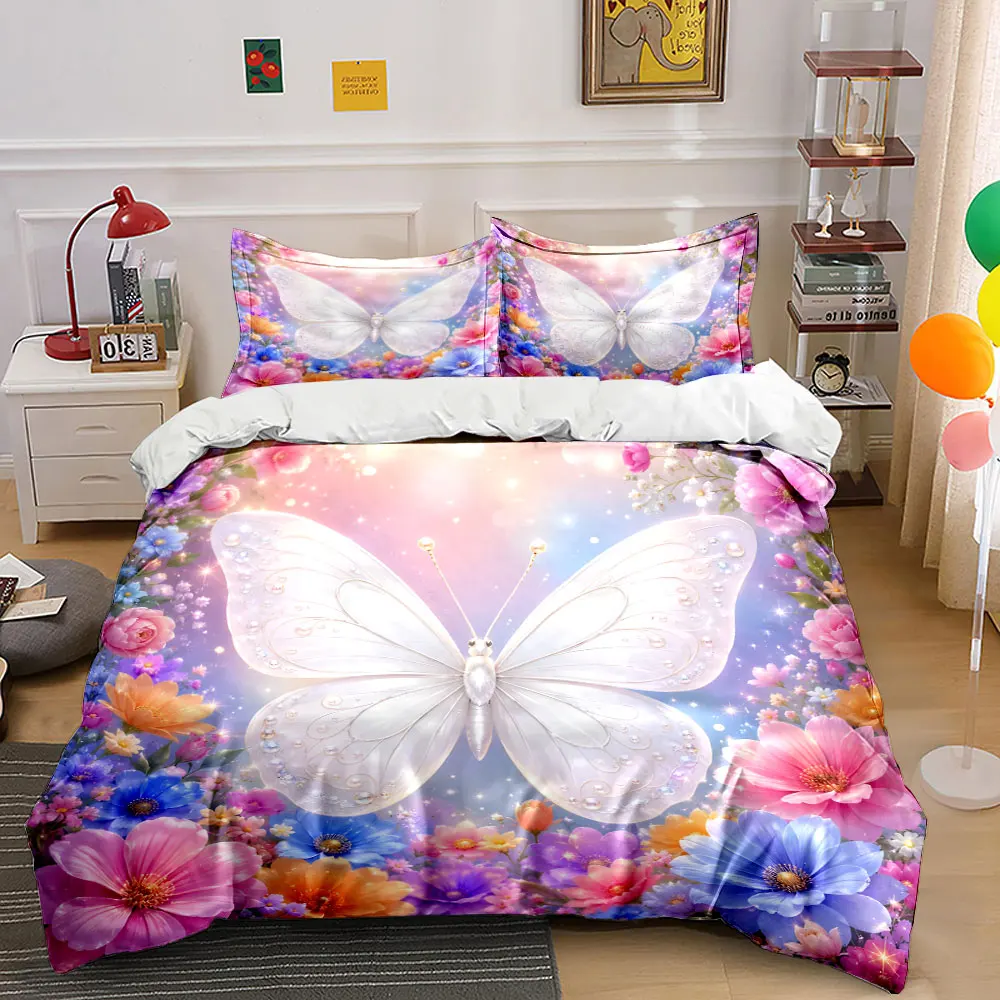 Ethereal White Butterfly Bedrucktes Bettwäsche-Set mit bunten Blumen, 1 Bettbezug, 2 Kissenbezüge für Erwachsene und Kinder, Luxus-Geschenk, volle Größe