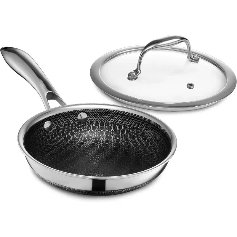 HexClad Hybrid Nonstick 7-Inch Fry Pan with Tempered Glass Lid, Stay-Cool Handle, Dishwasher and Oven Safe, Induction Ready