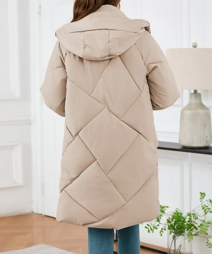 Płaszcz damski 2024 Winter Casual Loose Fit Solid Zipper Design Button Pocket Stand Collar Hooded Long Sleeve Warm Down Coat